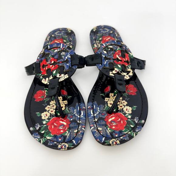 Tory Burch Miller Sandal Slippers Navy Tea Rose Patent Leather Logo 7.5M - Picture 2 of 12